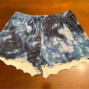 Ekouaer Blue Tie Dye Marbled Print Lightweight Drawstring Sweat Shorts